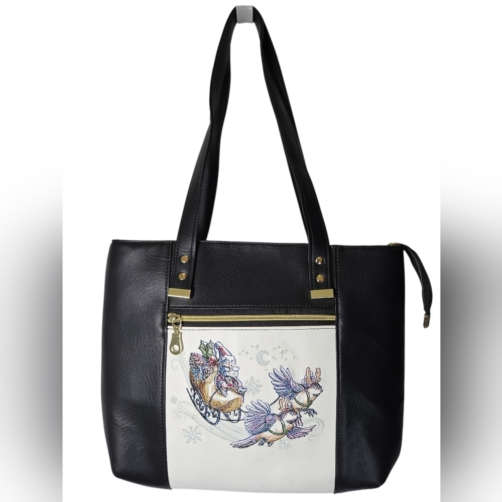 Whimsical Embroidered Christmase Tote Chickadees, Clogs & Sleigh Faux Leather - Picture 16 of 16